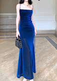 silk slim suspender dress, blue party dress HZ1024