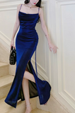 silk slim suspender dress, blue party dress HZ1024