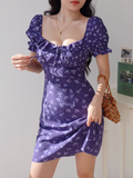 floral square neck puff sleeve A-line short dress HZ1024