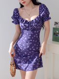floral square neck puff sleeve A-line short dress HZ1024