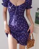 floral square neck puff sleeve A-line short dress HZ1024