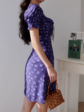 floral square neck puff sleeve A-line short dress HZ1024
