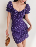 floral square neck puff sleeve A-line short dress HZ1024