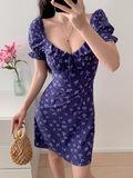 floral square neck puff sleeve A-line short dress HZ1024