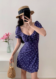 floral square neck puff sleeve A-line short dress HZ1024