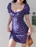 floral square neck puff sleeve A-line short dress HZ1024