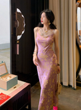 Smoke Gilded Chinese Style New Chinese Satin Large U-neck Waisted Suspender Long Skirt for Women HZ1024