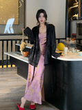Smoke Gilded Chinese Style New Chinese Satin Large U-neck Waisted Suspender Long Skirt for Women HZ1024