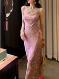 Smoke Gilded Chinese Style New Chinese Satin Large U-neck Waisted Suspender Long Skirt for Women HZ1024