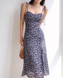retro navy blue floral slit suspender dress HZ1024