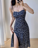 retro navy blue floral slit suspender dress HZ1024