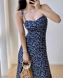 retro navy blue floral slit suspender dress HZ1024