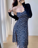 retro navy blue floral slit suspender dress HZ1024