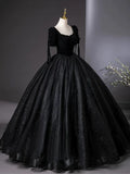 Tulle Velvet Sequin Black Long Prom Dress, Black Long Evening Dress HZ1024
