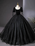 Tulle Velvet Sequin Black Long Prom Dress, Black Long Evening Dress HZ1024