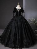 Tulle Velvet Sequin Black Long Prom Dress, Black Long Evening Dress HZ1024