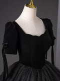 Tulle Velvet Sequin Black Long Prom Dress, Black Long Evening Dress HZ1024
