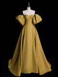 Sweetheart Neck Satin Gold Long Prom Dress, Gold Long Formal Dress HZ1024