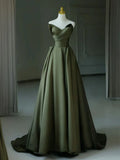 V Neck Satin Green Long Prom Dress, Green Long Formal Dress HZ1024