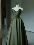 V Neck Satin Green Long Prom Dress, Green Long Formal Dress HZ1024