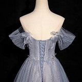 blue A-line sweetheart neck tulle sequined long prom dress, gray blue evening dress HZ1024