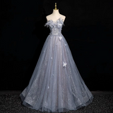 blue A-line sweetheart neck tulle sequined long prom dress, gray blue evening dress HZ1024