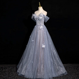 blue A-line sweetheart neck tulle sequined long prom dress, gray blue evening dress HZ1024