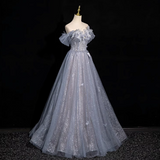 blue A-line sweetheart neck tulle sequined long prom dress, gray blue evening dress HZ1024