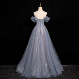 blue A-line sweetheart neck tulle sequined long prom dress, gray blue evening dress HZ1024