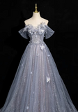 blue A-line sweetheart neck tulle sequined long prom dress, gray blue evening dress HZ1024