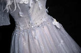 blue A-line sweetheart neck tulle sequined long prom dress, gray blue evening dress HZ1024