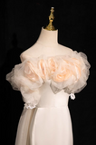 A-line off-the-shoulder satin tulle long prom dress, off-white formal dress HZ1024