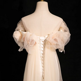 A-line off-the-shoulder satin tulle long prom dress, off-white formal dress HZ1024