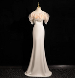 A-line off-the-shoulder satin tulle long prom dress, off-white formal dress HZ1024
