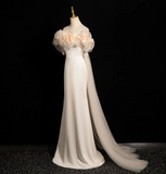 A-line off-the-shoulder satin tulle long prom dress, off-white formal dress HZ1024