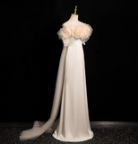 A-line off-the-shoulder satin tulle long prom dress, off-white formal dress HZ1024