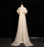A-line off-the-shoulder satin tulle long prom dress, off-white formal dress HZ1024