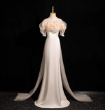 A-line off-the-shoulder satin tulle long prom dress, off-white formal dress HZ1024
