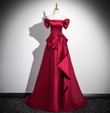 A-line off-the-shoulder satin long prom dress, burgundy formal long dress HZ1024
