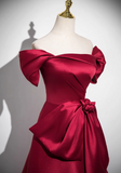 A-line off-the-shoulder satin long prom dress, burgundy formal long dress HZ1024