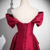 A-line off-the-shoulder satin long prom dress, burgundy formal long dress HZ1024