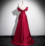 A-line off-the-shoulder satin long prom dress, burgundy formal long dress HZ1024