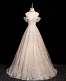 A-line V-neck mesh sequin long prom dress, champagne formal long dress HZ1024