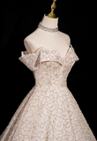 A-line V-neck mesh sequin long prom dress, champagne formal long dress HZ1024