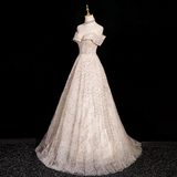 A-line V-neck mesh sequin long prom dress, champagne formal long dress HZ1024