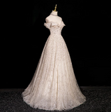 A-line V-neck mesh sequin long prom dress, champagne formal long dress HZ1024