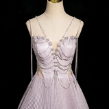 A-line V-neck Satin Rhinestone Long Prom Dress, Purple Formal Long Dress HZ1024