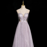 A-line V-neck Satin Rhinestone Long Prom Dress, Purple Formal Long Dress HZ1024