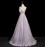 A-line V-neck Satin Rhinestone Long Prom Dress, Purple Formal Long Dress HZ1024