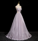 A-line V-neck Satin Rhinestone Long Prom Dress, Purple Formal Long Dress HZ1024